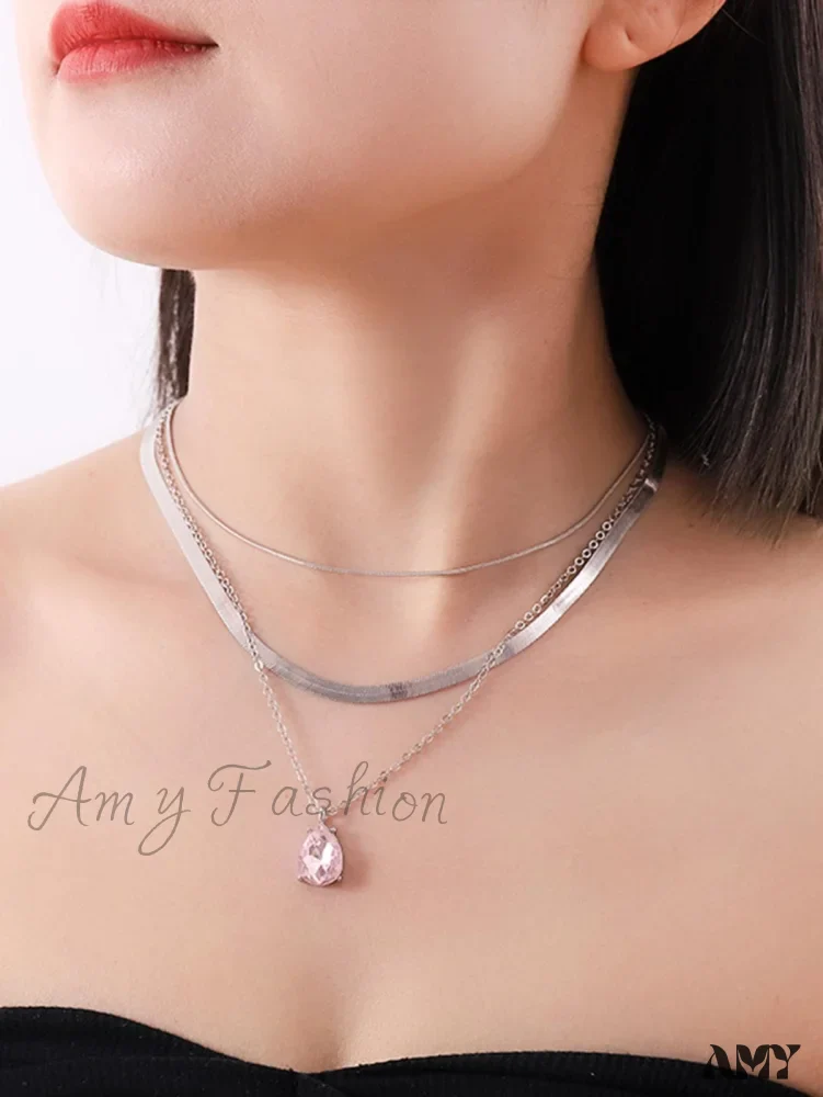 Amy Fashion - 3pcs Rhinestone Water-drop Charm Necklace - Image 15