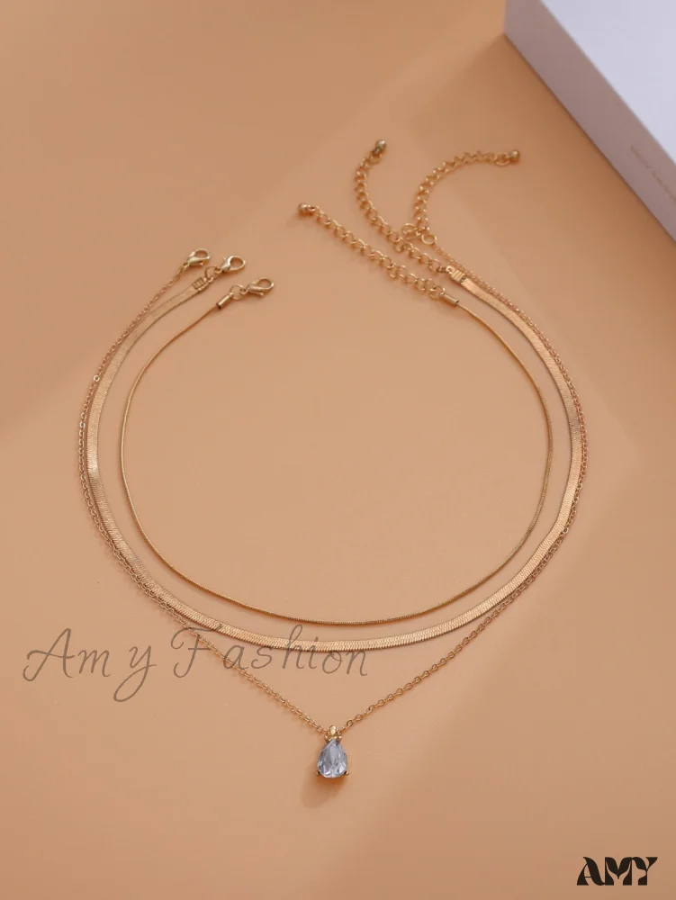 Amy Fashion - 3pcs Rhinestone Water-drop Charm Necklace - Image 3