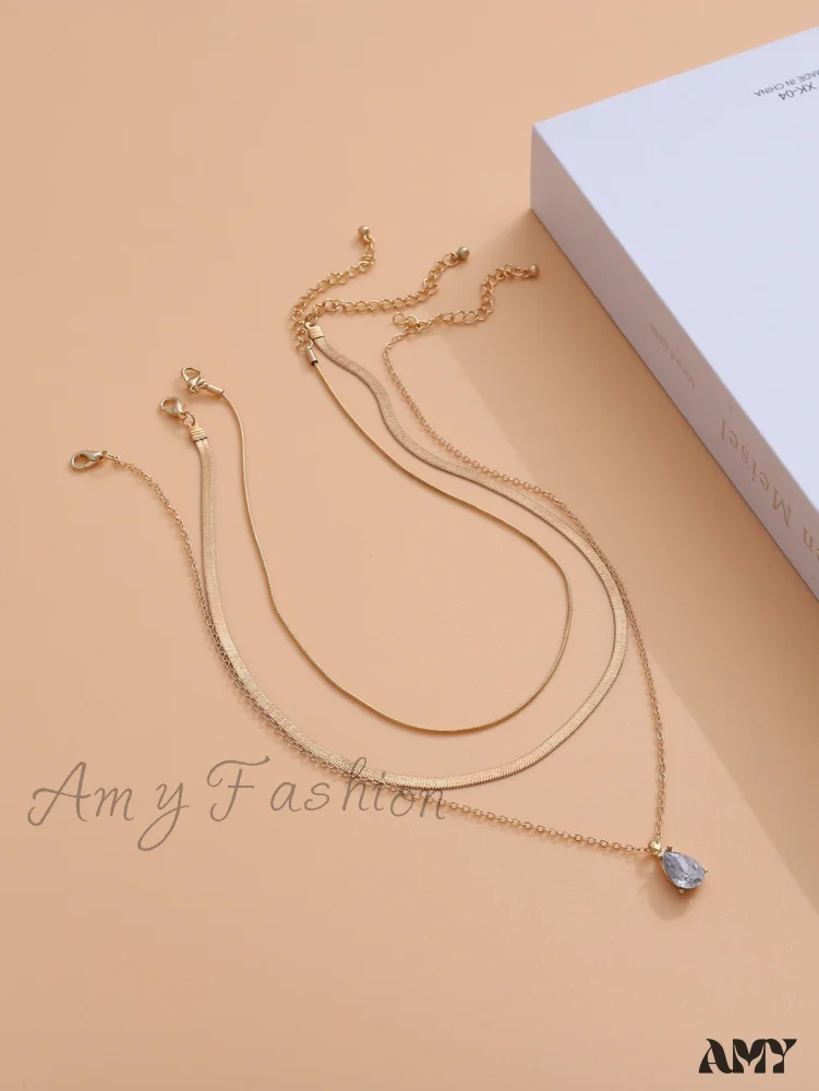 Amy Fashion - 3pcs Rhinestone Water-drop Charm Necklace - Image 4