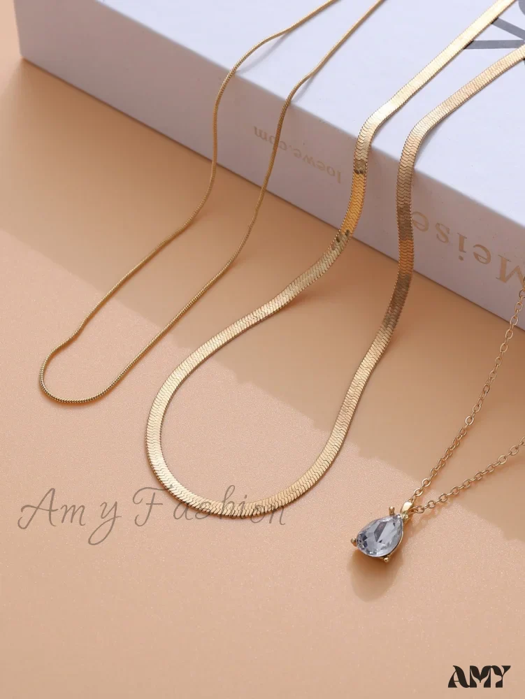 Amy Fashion - 3pcs Rhinestone Water-drop Charm Necklace - Image 8