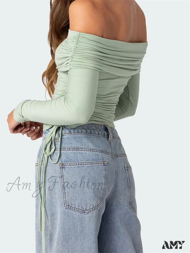 Amy Fashion - 90s Off Shoulder Long Sleeve Slim FitRetro Ruched Tie Up T-Shirts - Image 2