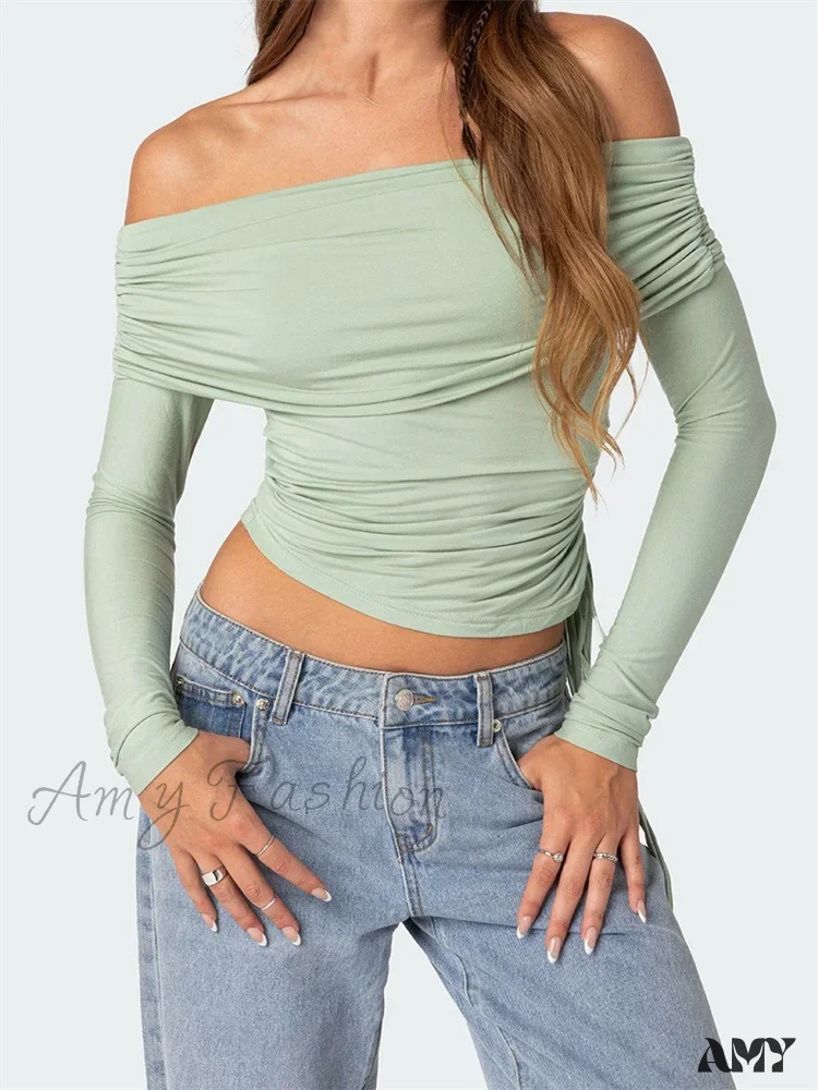 Amy Fashion - 90s Off Shoulder Long Sleeve Slim FitRetro Ruched Tie Up T-Shirts - Image 3