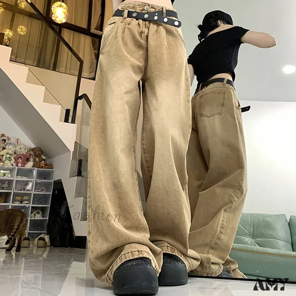 American High Waist 2000s Y2K Vintage Designer Baggy Girls Harajuku Brown Denim Jeans - Image 2