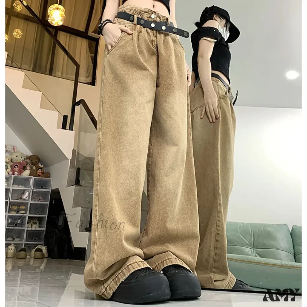 American High Waist 2000s Y2K Vintage Designer Baggy Girls Harajuku Brown Denim Jeans - Image 3