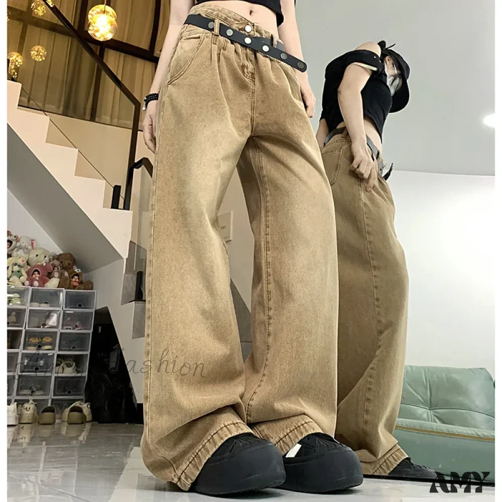 American High Waist 2000s Y2K Vintage Designer Baggy Girls Harajuku Brown Denim Jeans - Image 4