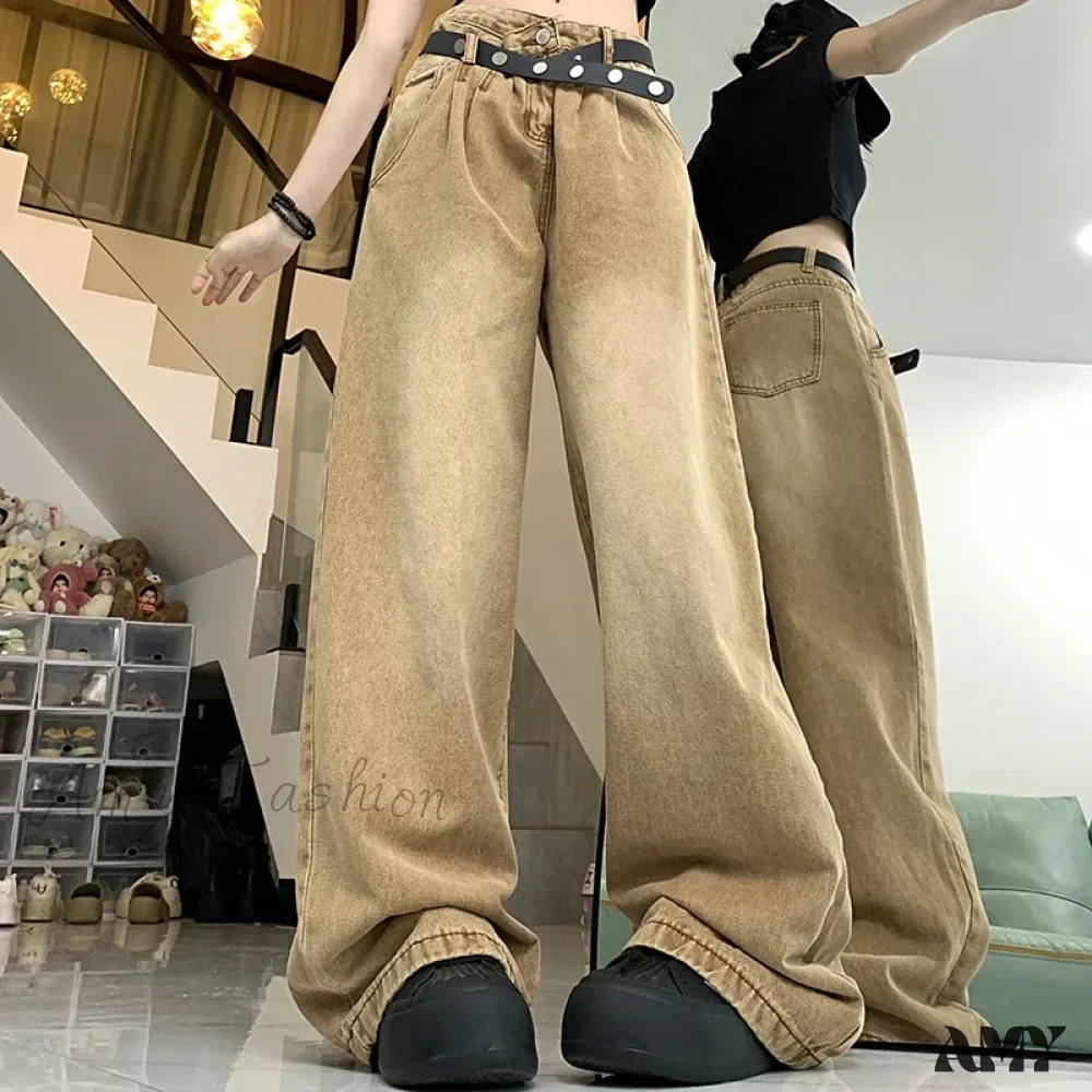 American High Waist 2000s Y2K Vintage Designer Baggy Girls Harajuku Brown Denim Jeans - Image 5