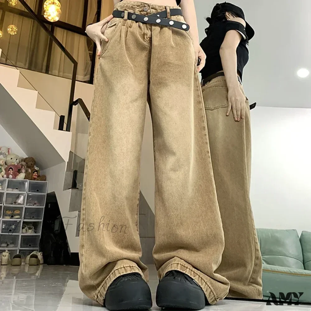 American High Waist 2000s Y2K Vintage Designer Baggy Girls Harajuku Brown Denim Jeans - Image 6