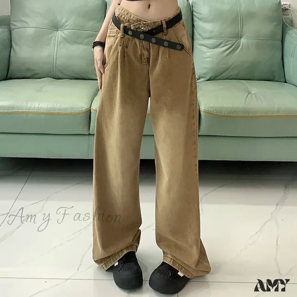 American High Waist 2000s Y2K Vintage Designer Baggy Girls Harajuku Brown Denim Jeans - Image 7
