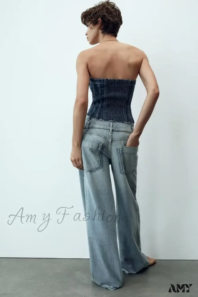 Amy Fashion - 2024 Female Fashion Patchwork Denim Pant High Waist Vintage Women Casual Street Slim Wide Leg Long Jean - Image 4
