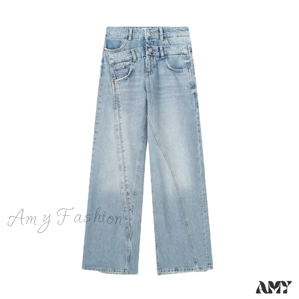 Amy Fashion - 2024 Female Fashion Patchwork Denim Pant High Waist Vintage Women Casual Street Slim Wide Leg Long Jean - Image 5