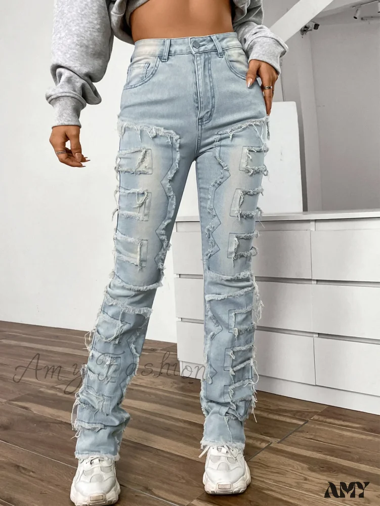 Amy Fashion - 2024 New European and American Streetwise Stretch Patch for Women High Street Straight Fit Long Women's Jean - Image 4