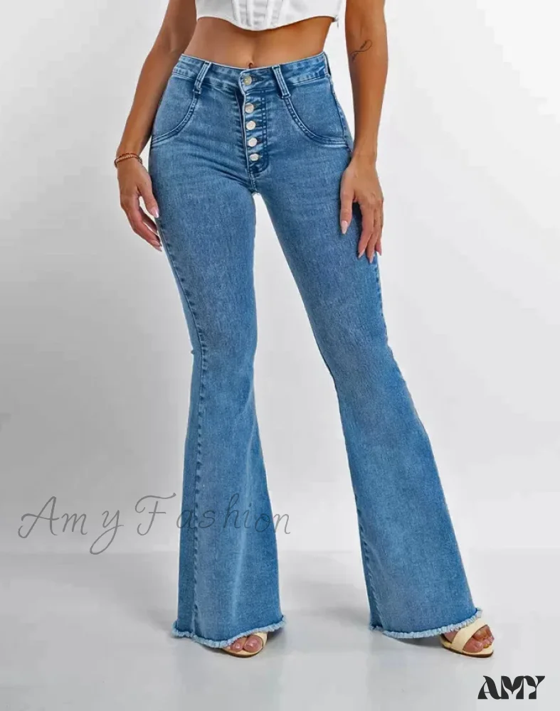 Amy Fashion - 2024 Skinny Flare for Women High Waist Button Lady Sexy Push Up Denim Bell Bottom Jean - Image 5