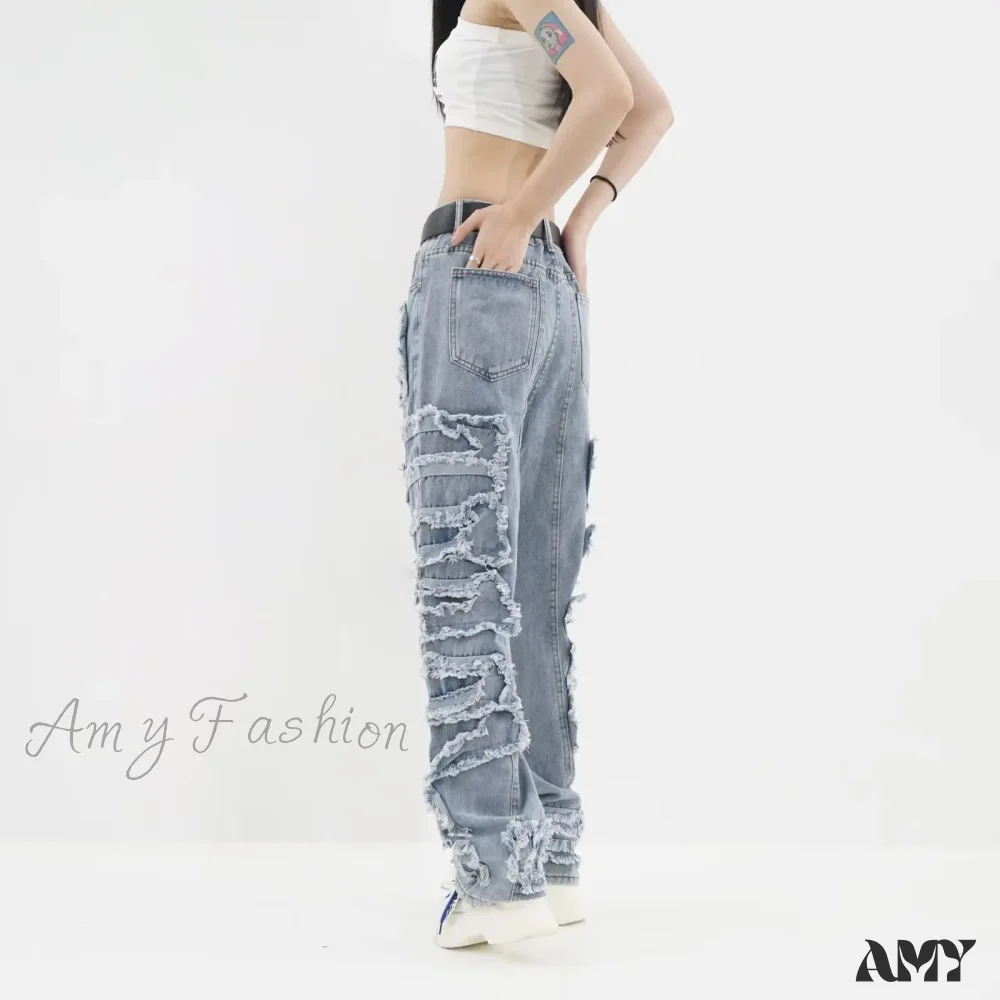 Amy Fashion - 2024 Streetwear Stacked Clothing Y2K Baggy Ripped Hip Hop Straight Vintage Denim Jean - Image 3
