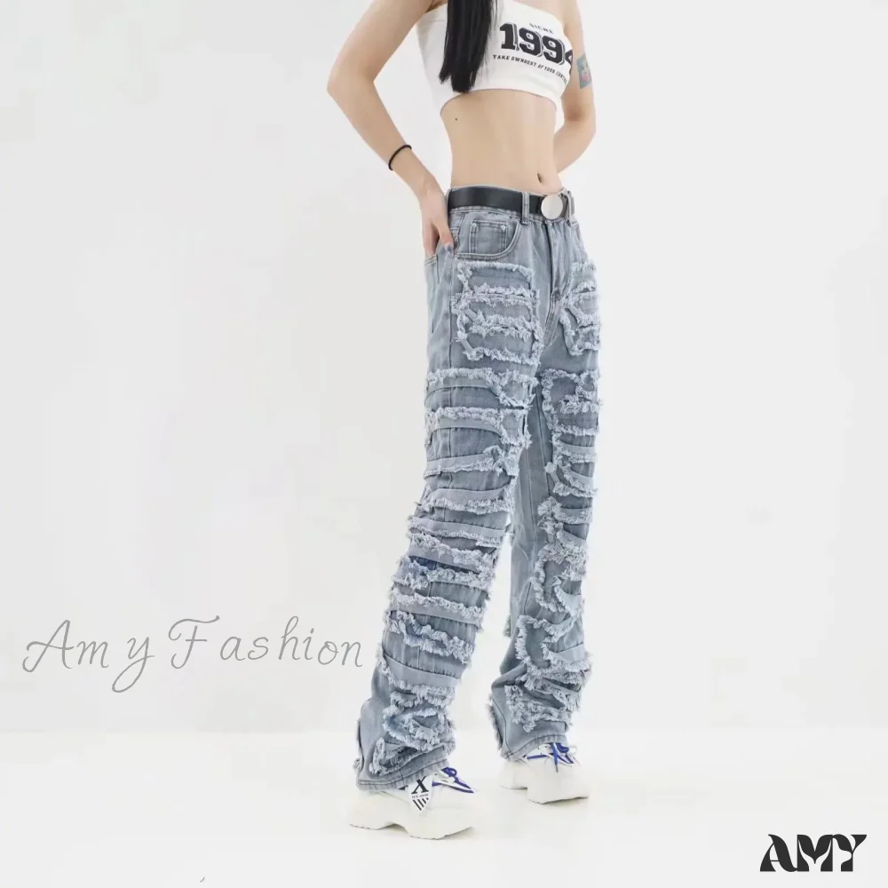 Amy Fashion - 2024 Streetwear Stacked Clothing Y2K Baggy Ripped Hip Hop Straight Vintage Denim Jean - Image 4