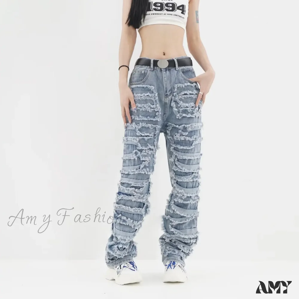 Amy Fashion - 2024 Streetwear Stacked Clothing Y2K Baggy Ripped Hip Hop Straight Vintage Denim Jean - Image 6