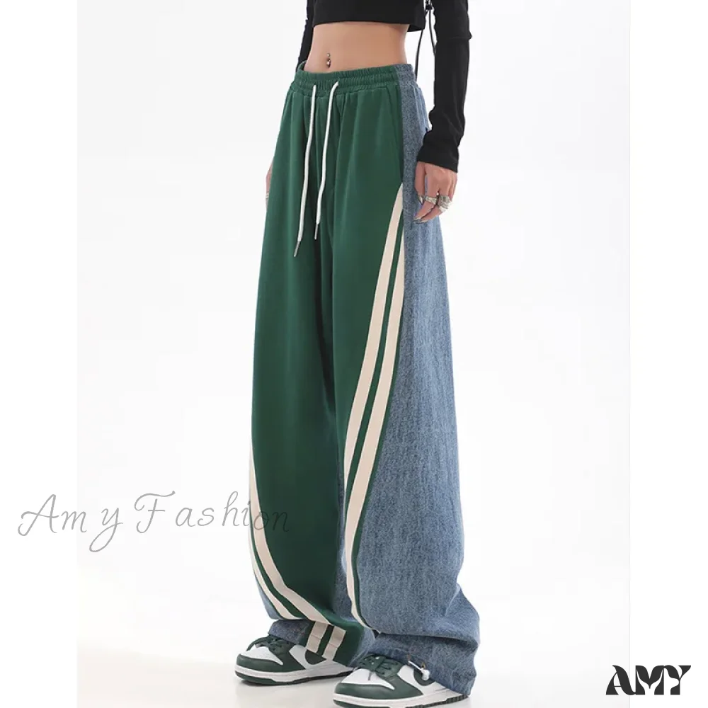 Amy Fashion - Contrast Color Women High Waist Straight Cropped High Street Drawstring Tie Up Sweatpants Cylinder Lady Wide Leg Jean