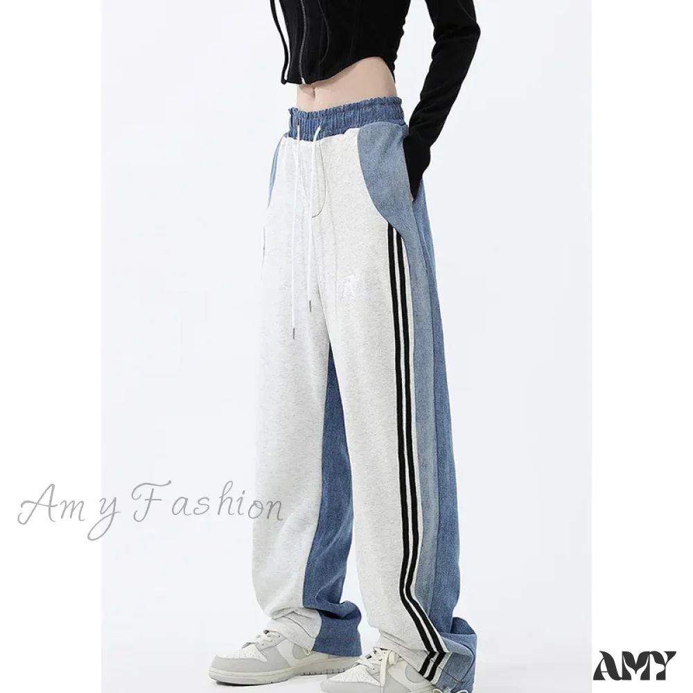 Amy Fashion - Contrast Color Women High Waist Straight Cropped High Street Drawstring Tie Up Sweatpants Cylinder Lady Wide Leg Jean - Image 2