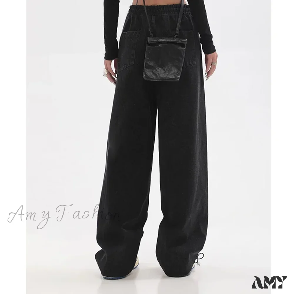 Amy Fashion - Contrast Color Women High Waist Straight Cropped High Street Drawstring Tie Up Sweatpants Cylinder Lady Wide Leg Jean - Image 5