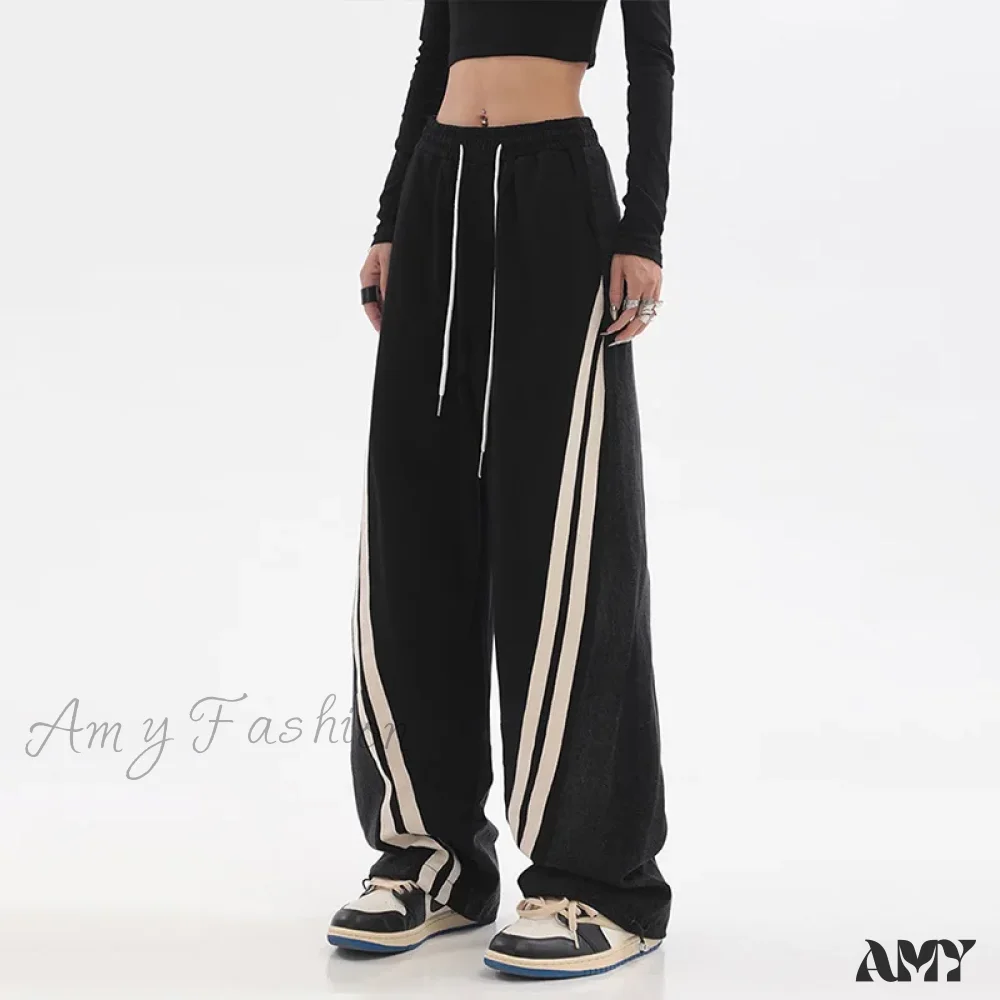 Amy Fashion - Contrast Color Women High Waist Straight Cropped High Street Drawstring Tie Up Sweatpants Cylinder Lady Wide Leg Jean - Image 6
