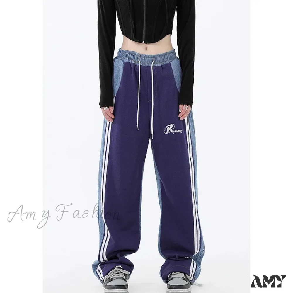 Amy Fashion - Contrast Color Women High Waist Straight Cropped High Street Drawstring Tie Up Sweatpants Cylinder Lady Wide Leg Jean - Image 9