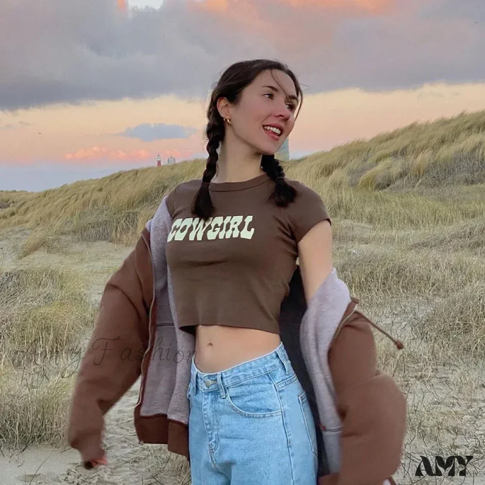 AMY - COWGIRL Print Casual Streetwear Short Sleeve Crop Top - Image 3