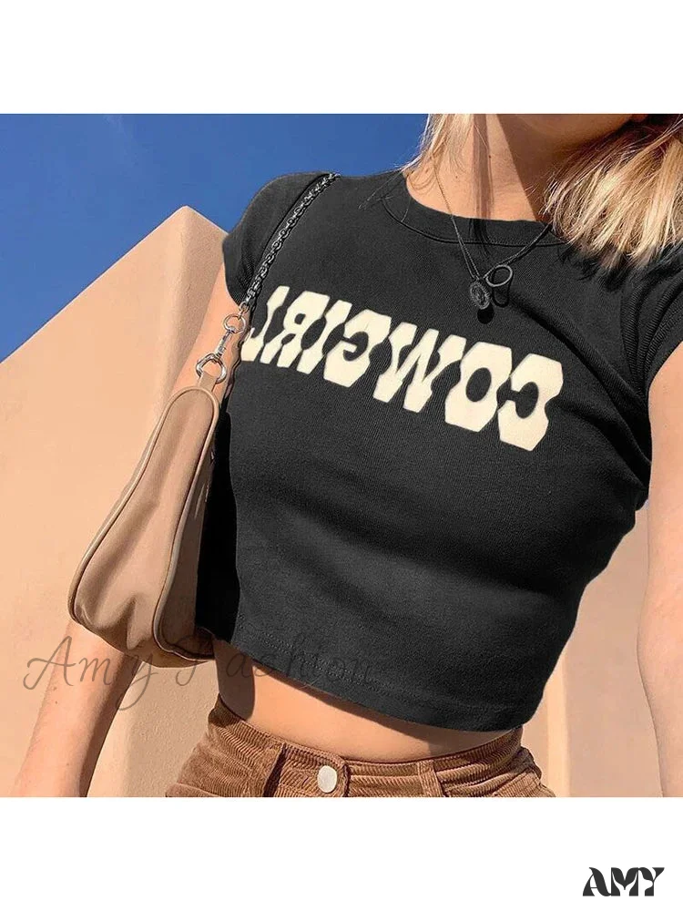AMY - COWGIRL Print Casual Streetwear Short Sleeve Crop Top - Image 6