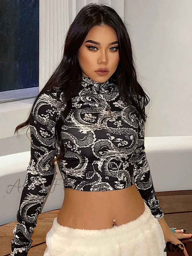 AMY FASHION - Dragon Printed High Collar Slim T-shirt Crop Top - Image 2
