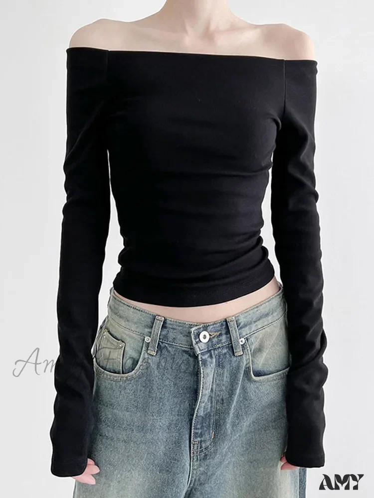 AMY FASHION - Elegant Slim Sexy Cropped Black Long Sleeve Korean Fall Crop Top - Image 2