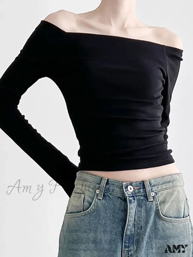 AMY FASHION - Elegant Slim Sexy Cropped Black Long Sleeve Korean Fall Crop Top - Image 4