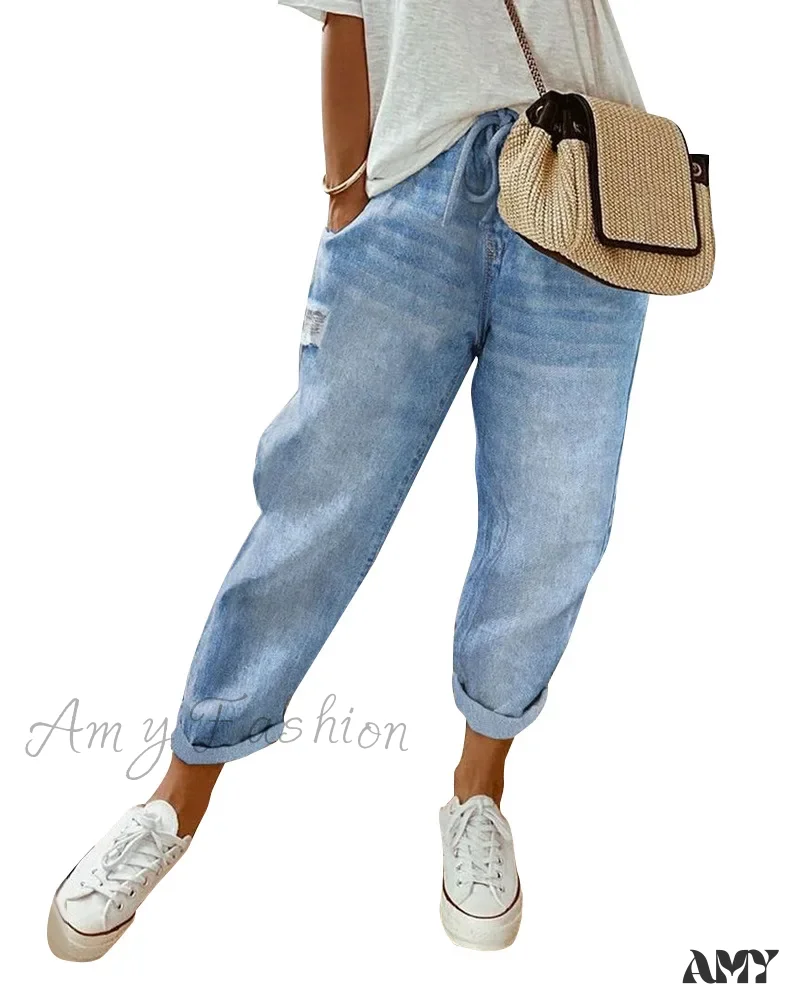 Amy Fashion - 2024 Fashion Women Drawstring Loose Causal Pocket Daily Vintage Streetwear Long Jean - Image 2