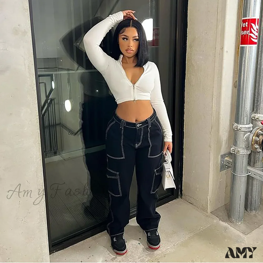 Amy Fashion - 2024 High Waist Elastic Loose Black Comfortable For Casual Fashion Female Baggy Denim Jean - Image 2