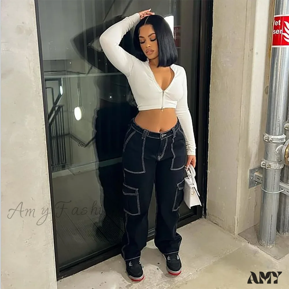 Amy Fashion - 2024 High Waist Elastic Loose Black Comfortable For Casual Fashion Female Baggy Denim Jean - Image 3
