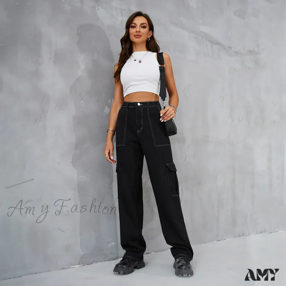 Amy Fashion - 2024 Vintage Baggy Wide Leg Streetwear Straight Denim Pockets Cargo Jean - Image 2