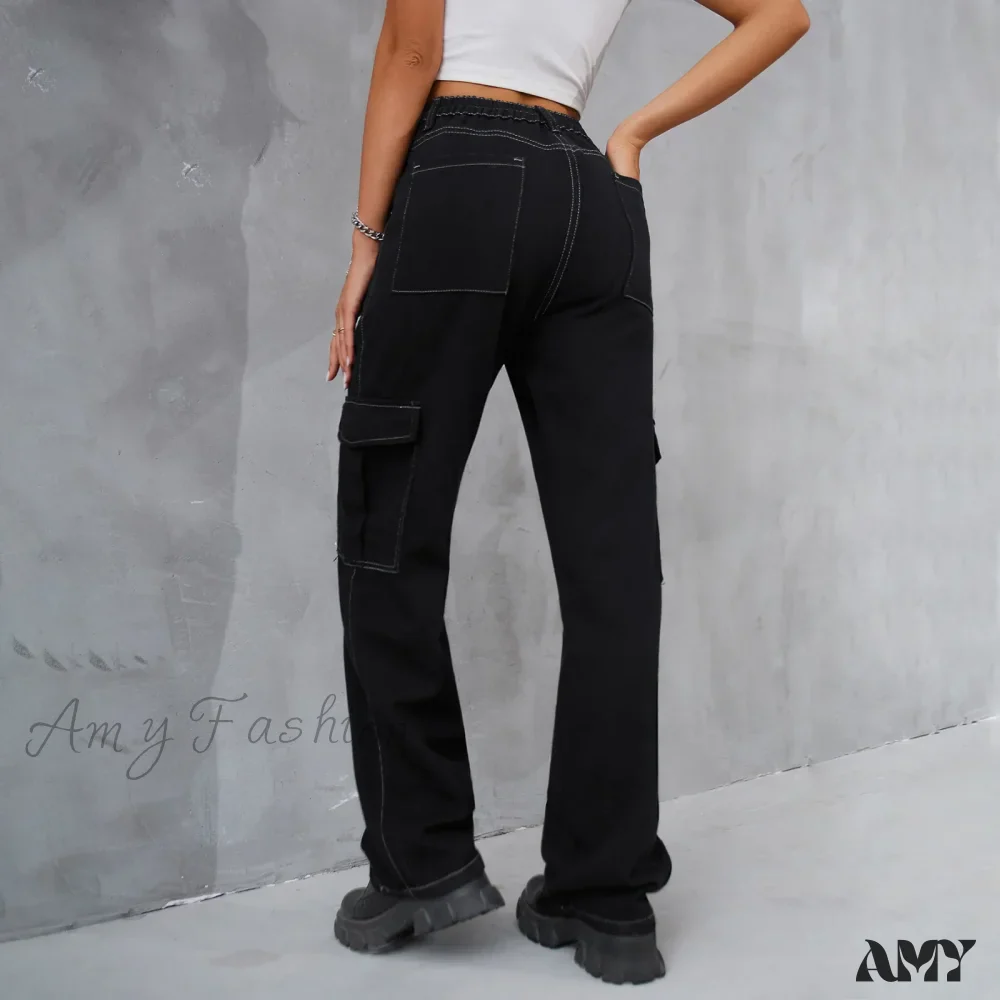 Amy Fashion - 2024 Vintage Baggy Wide Leg Streetwear Straight Denim Pockets Cargo Jean - Image 3