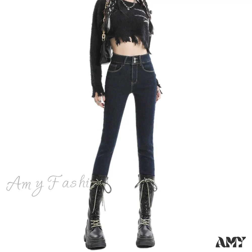 Amy Fashion - 2024 Winter Warm Stretch Women Plush Thermal Fleece Skinny Retro Trousers Female Thicken High Waist Denim Pants Jean