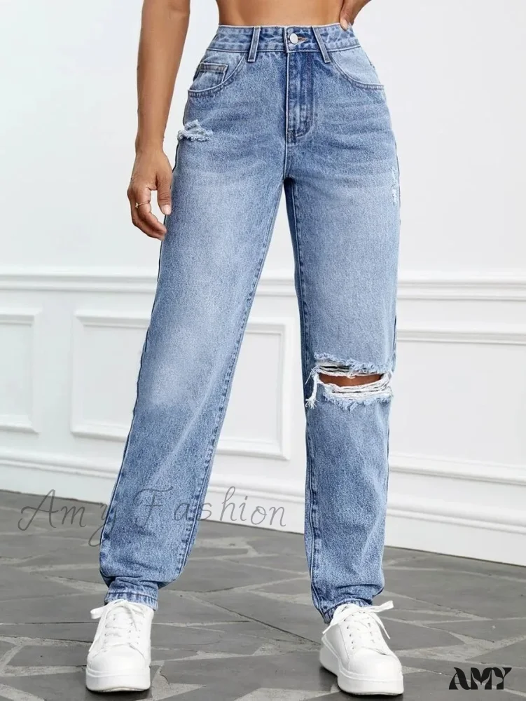 Amy Fashion - 2024 Women Casual Fashion High Streetwear Ripped Holes Denim Pants Female Vintage Trousers Jean - Image 6