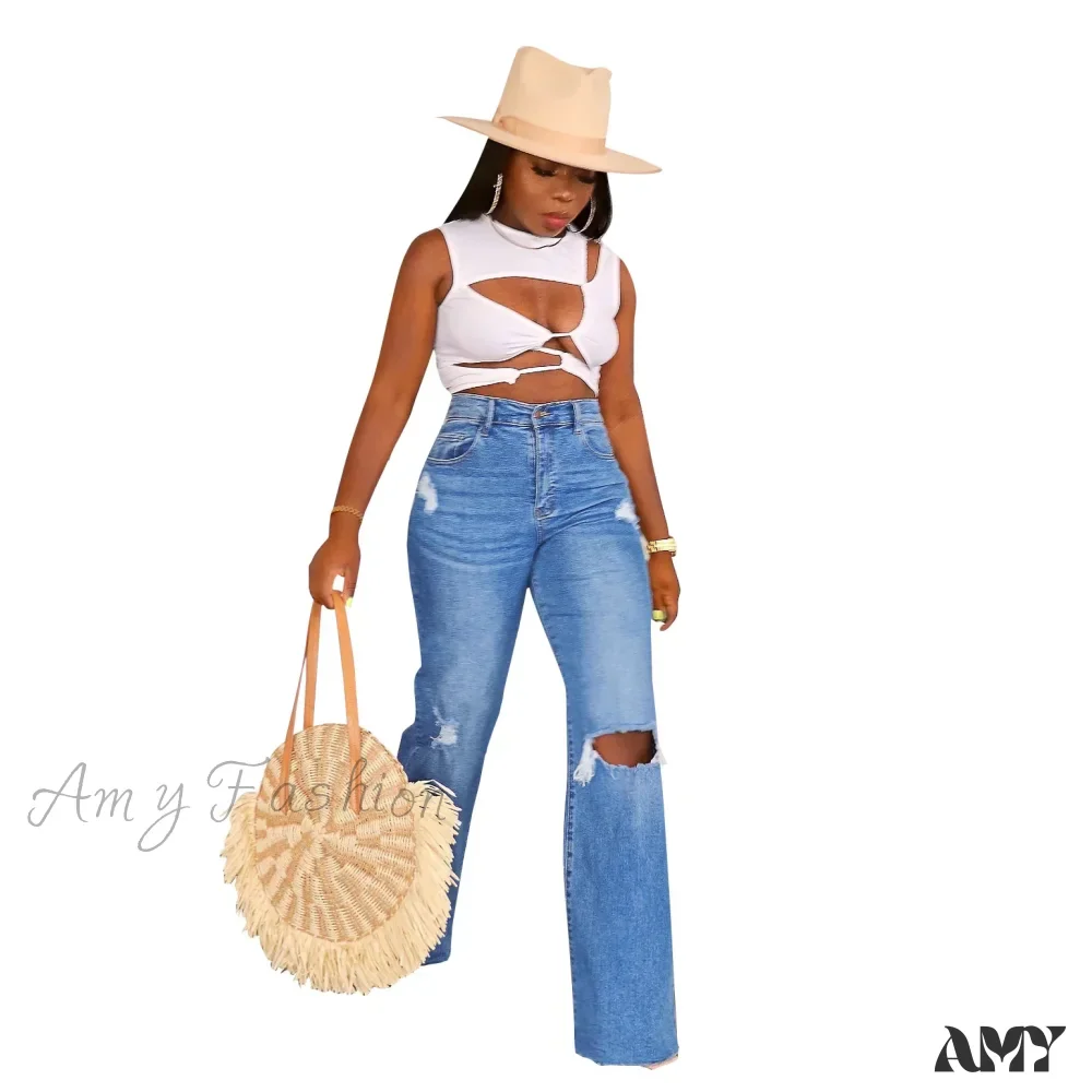 Amy Fashion - Casual High Waist Wide Leg Pants Loose Fashion Women's Street Ripped Plus Size Mom Denim Trousers 2024 Ladies Pants Jean - Image 2
