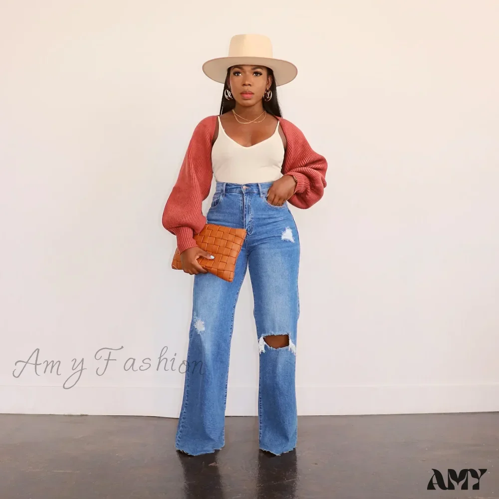 Amy Fashion - Casual High Waist Wide Leg Pants Loose Fashion Women's Street Ripped Plus Size Mom Denim Trousers 2024 Ladies Pants Jean - Image 5
