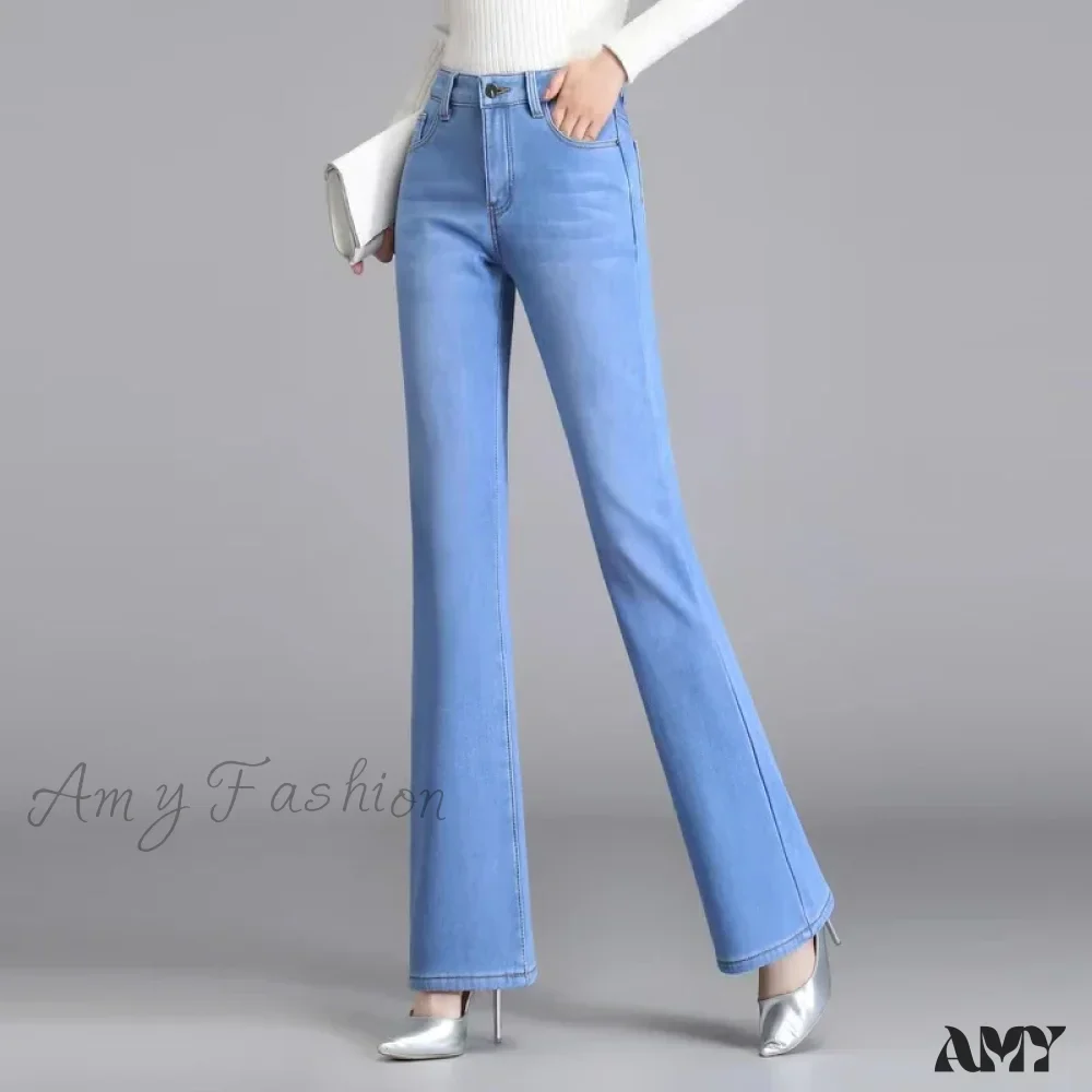 Amy Fashion - Elastic High Waist Woman Flare 2024 New Korean Fashion Clothing Pockets Slim Denim Solid Casual Flare Jean - Image 2