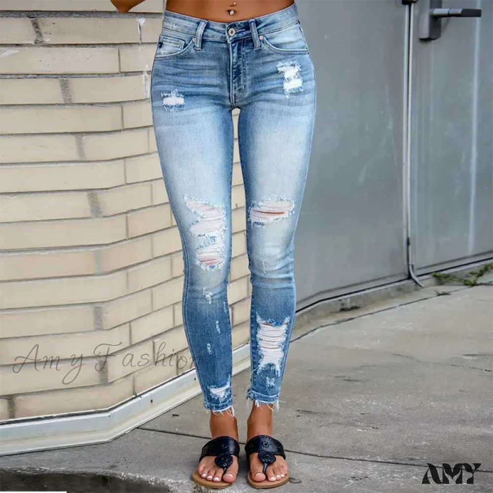 Amy Fashion - Elastic Women's Cutout Ripped High Waist Casual Daily Skinny Pocket 2024 Trend Fashion Design Long Jean - Image 4
