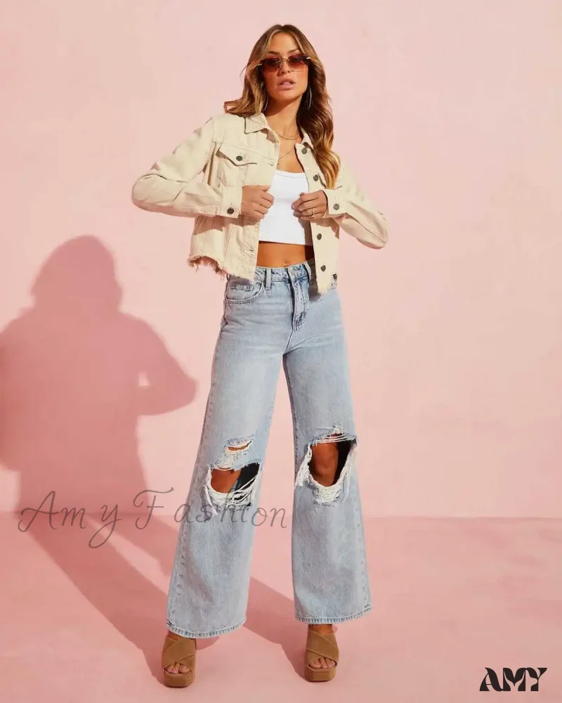 Amy Fashion - Fall High Waist Ripped New Blue Streetwear Casual Wide Leg Baggy Trendy Fashionable Denim Jean - Image 2