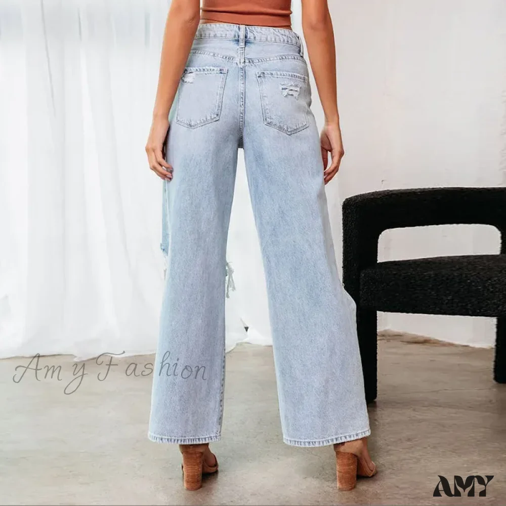 Amy Fashion - Fall High Waist Ripped New Blue Streetwear Casual Wide Leg Baggy Trendy Fashionable Denim Jean - Image 3