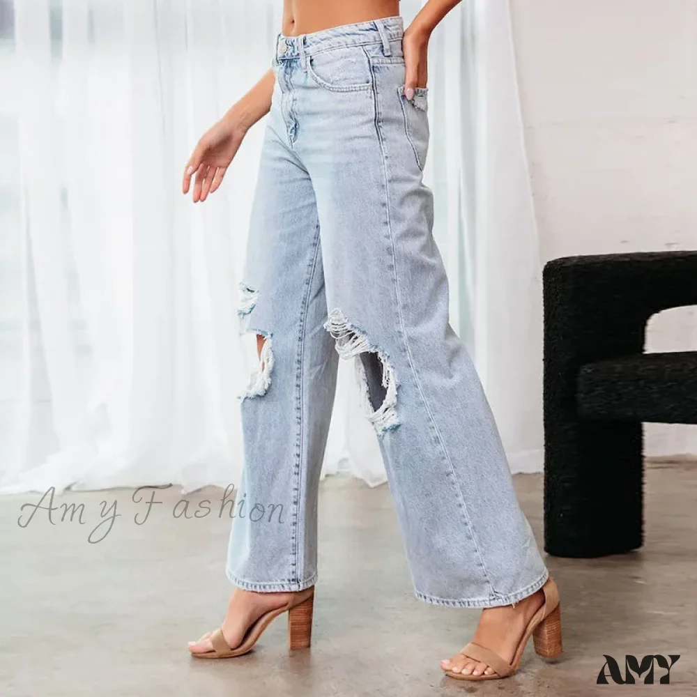 Amy Fashion - Fall High Waist Ripped New Blue Streetwear Casual Wide Leg Baggy Trendy Fashionable Denim Jean - Image 4