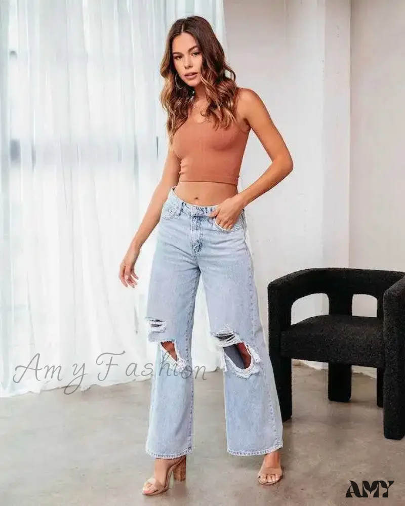 Amy Fashion - Fall High Waist Ripped New Blue Streetwear Casual Wide Leg Baggy Trendy Fashionable Denim Jean - Image 6