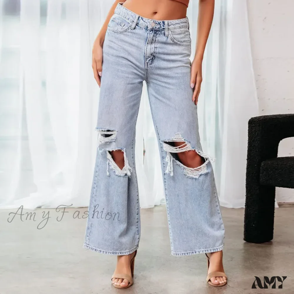 Amy Fashion - Fall High Waist Ripped New Blue Streetwear Casual Wide Leg Baggy Trendy Fashionable Denim Jean - Image 7