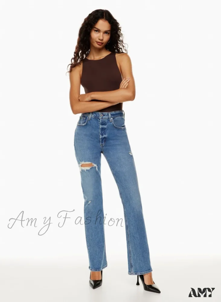 Amy Fashion - High Waist Loose Ripped Holes Streetwear Straight Ladies Denim Jean - Image 6