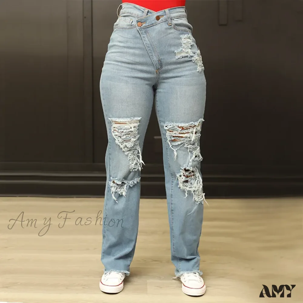 Amy Fashion - Irregular Waist Straight Leg High Street Loose Ripped Holes Casual Fashion Stretchy Jean - Image 2