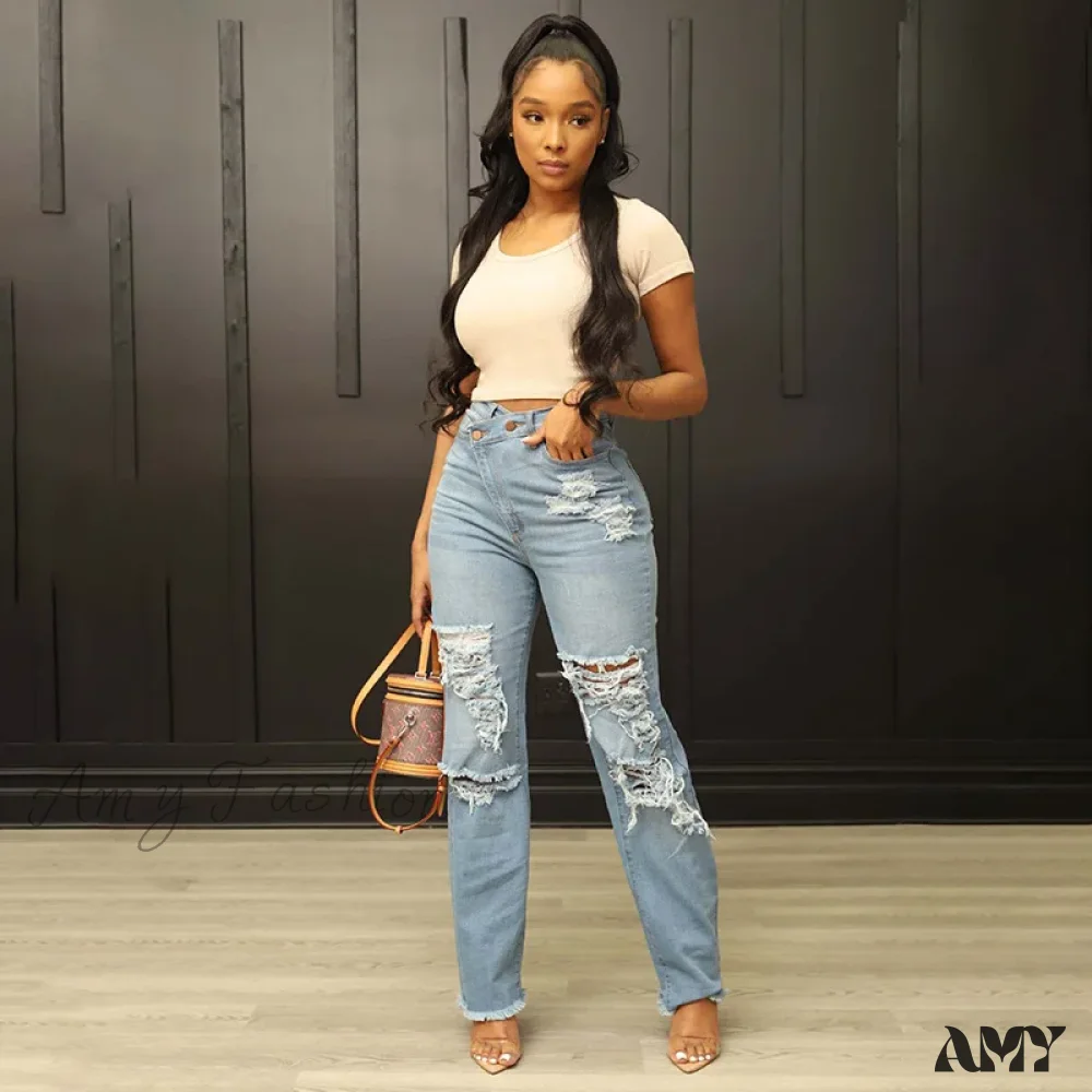 Amy Fashion - Irregular Waist Straight Leg High Street Loose Ripped Holes Casual Fashion Stretchy Jean - Image 3