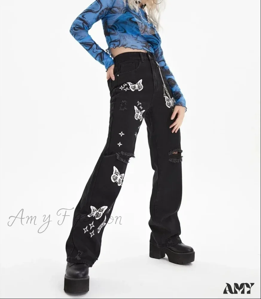 Amy Fashion - New Butterfly Print Ripped High Waist Loose Straight Cotton Streetwear Jean - Image 3