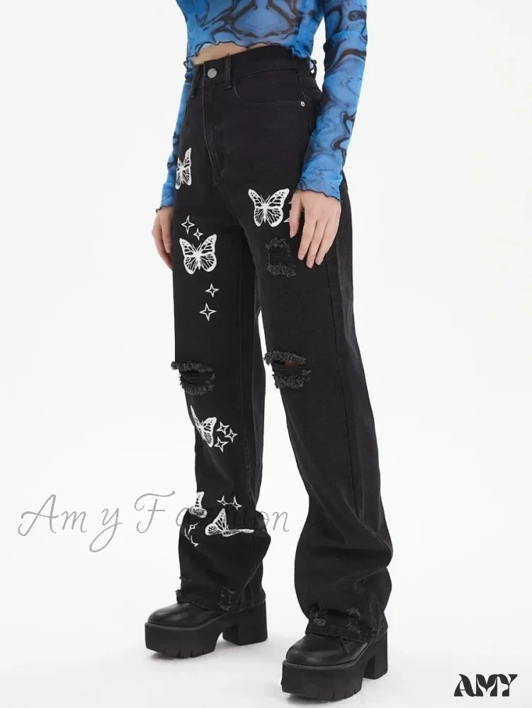 Amy Fashion - New Butterfly Print Ripped High Waist Loose Straight Cotton Streetwear Jean - Image 4